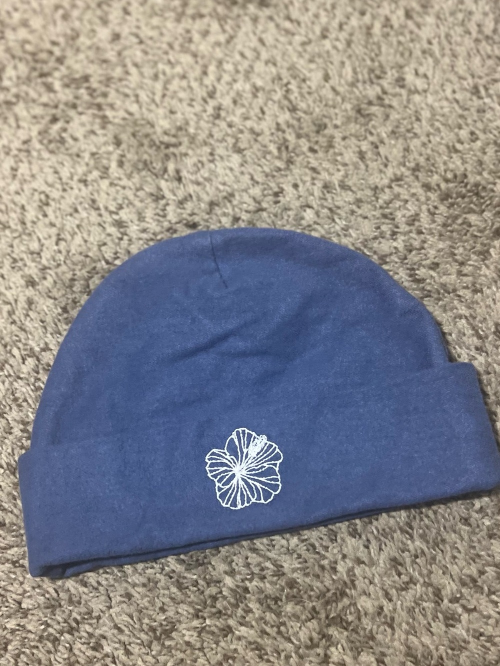 Blue Soft Beanie Tag Aloha Co Kailua HI Hat with White Hibiscus Embroidery